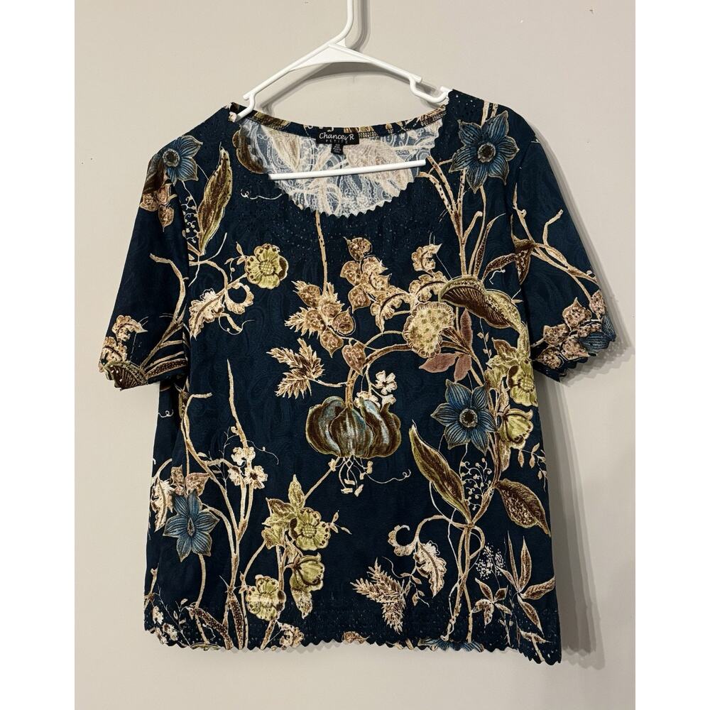 Chance R Floral Lace Trim Short Sleeve Blouse Top Women’s Size L Multicolor Boho